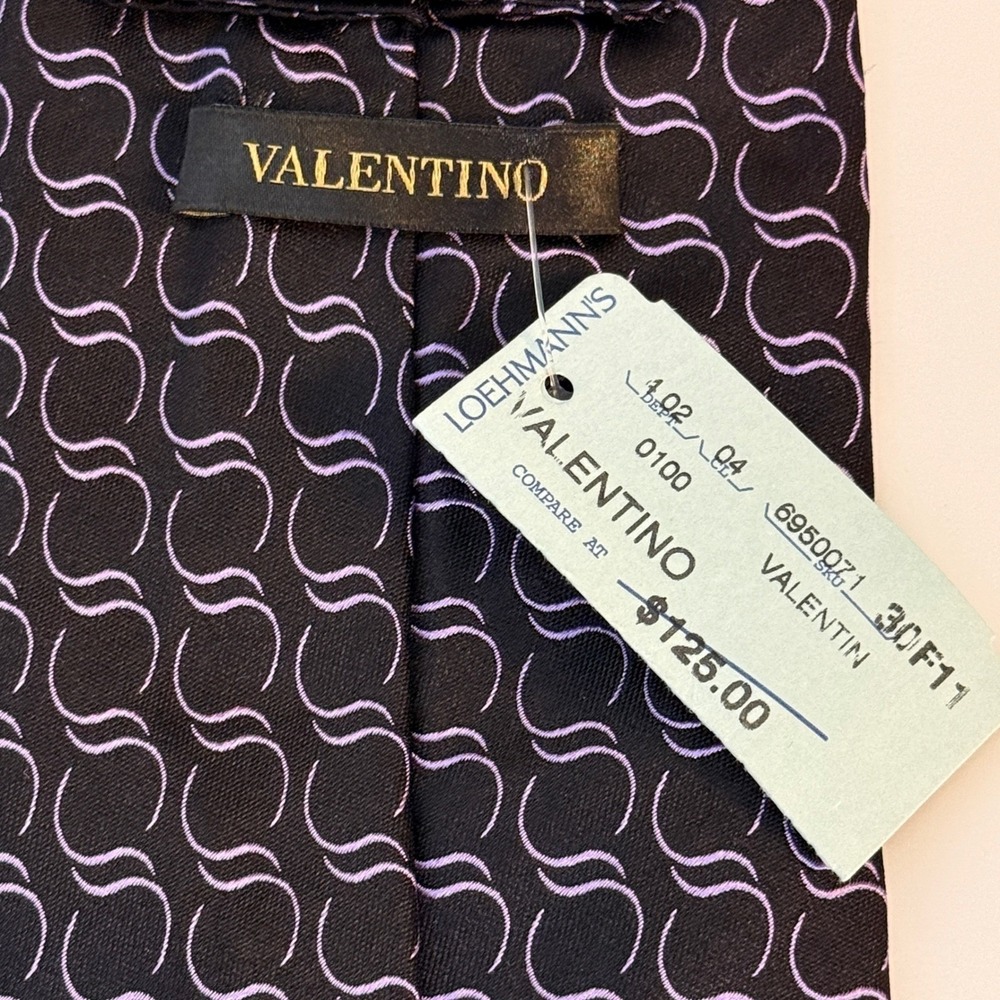 Mens Tie | Valentino Necktie | Black Purple Silk Geometric Wave | Made in Italy